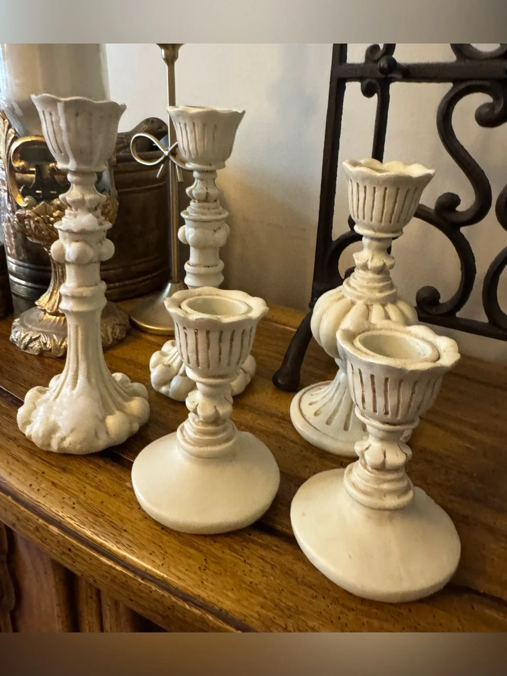 5 Shabby Chic Cream Resin Candlestick Holders French Country Set 1990s Vignette
